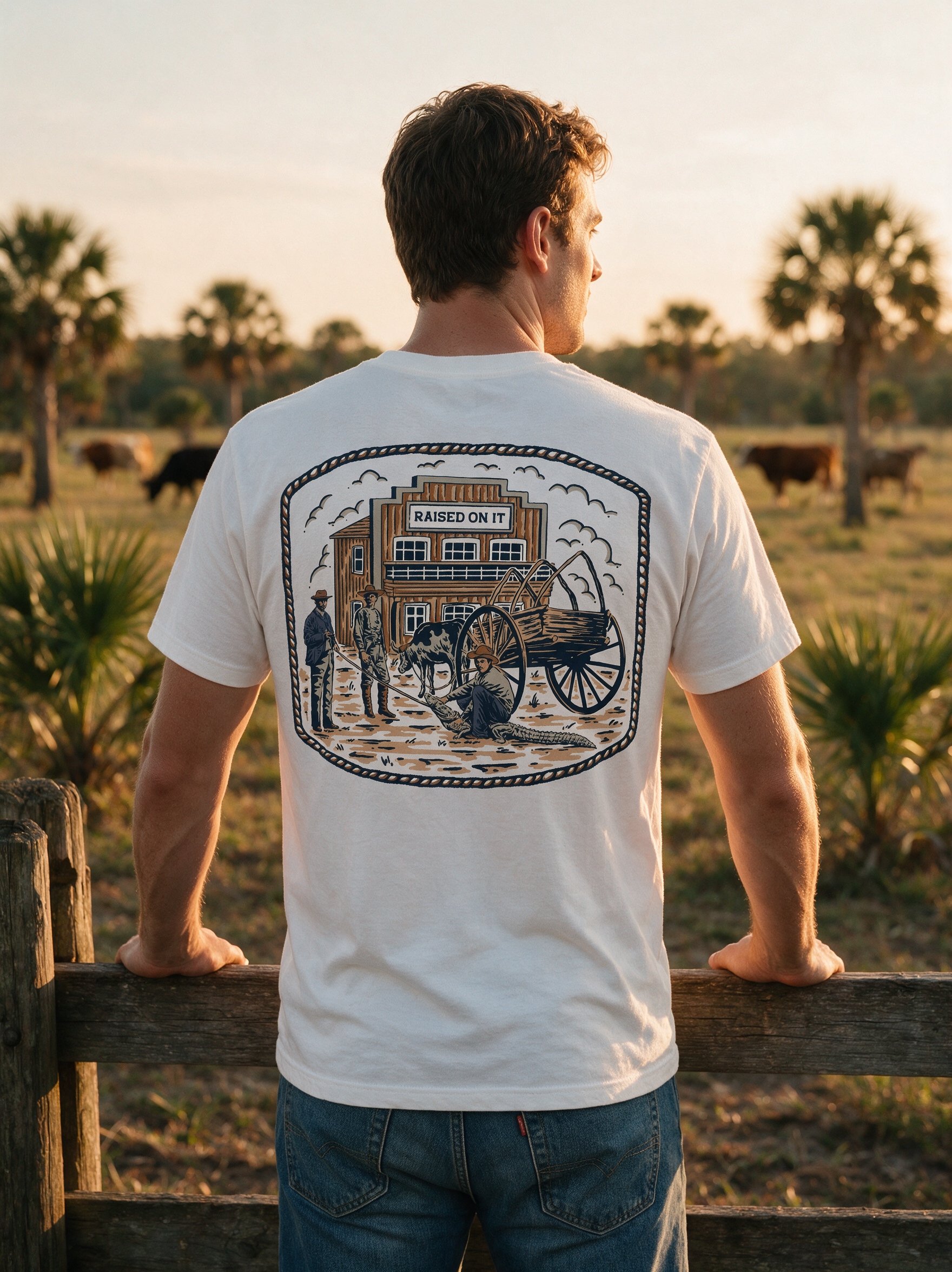 Man wearing the white Florida Cowboy tee at a cattle-pen fence on a Florida ranch at golden hour, back print in full view