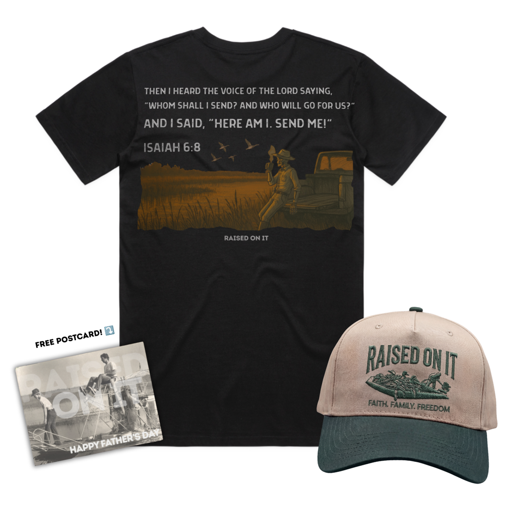 The Faithful Set — Father's Day gift bundle: Isaiah 6:8 tee + Outboard Legacy hat with free postcard