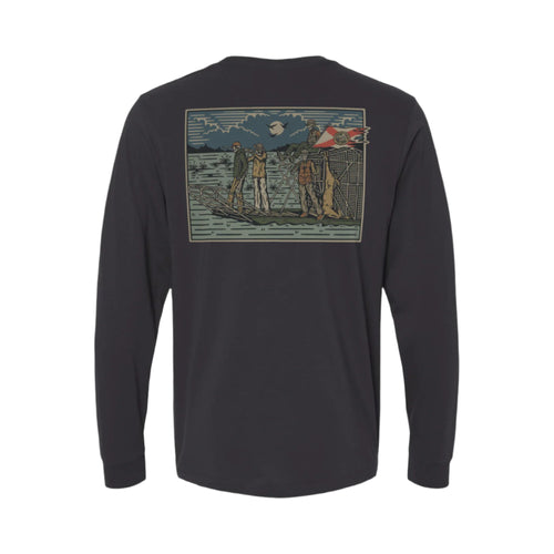 Black long-sleeve shirt with a graphic of on an airboat, three Florida hunters, and Florida flag flying on the back.
