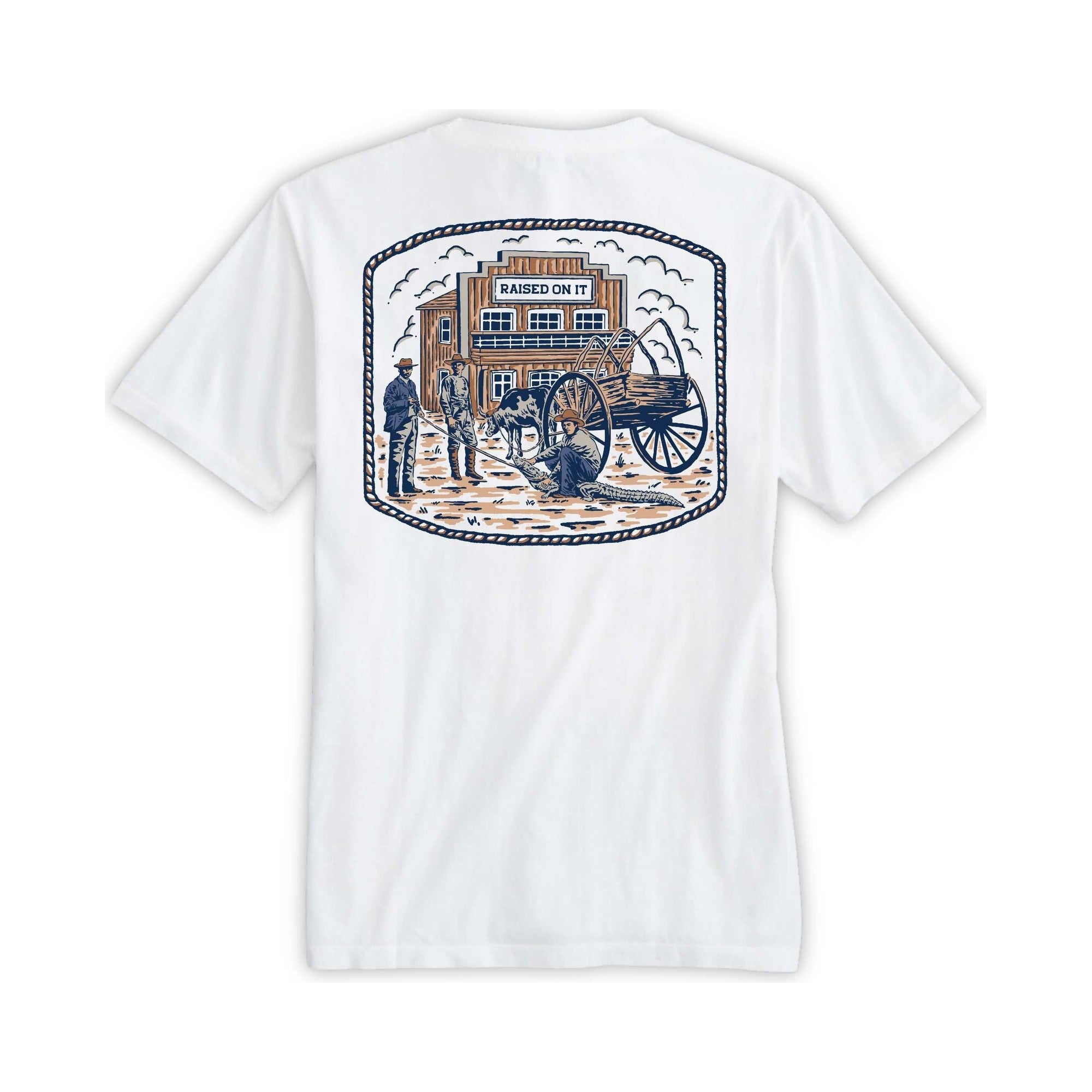 Florida Cowboy tee back print, vintage Orlando storefront scene with Bunk Baxter wrestling an alligator, navy and tan inks on white