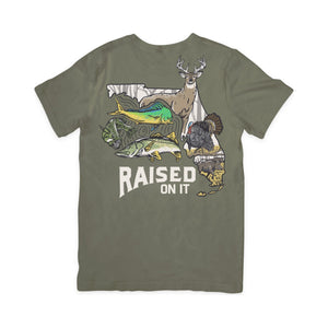 Florida Sportsman Tee in olive, full back print: buck, turkey, hog, bass, snook and mahi in the Florida state outline