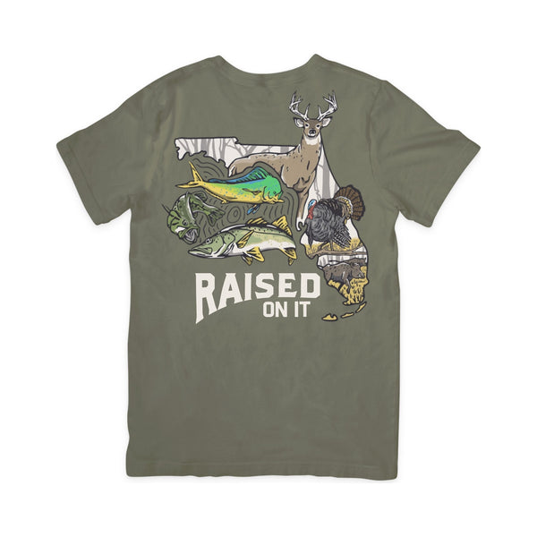 Florida Sportsman Tee in olive, full back print: buck, turkey, hog, bass, snook and mahi in the Florida state outline