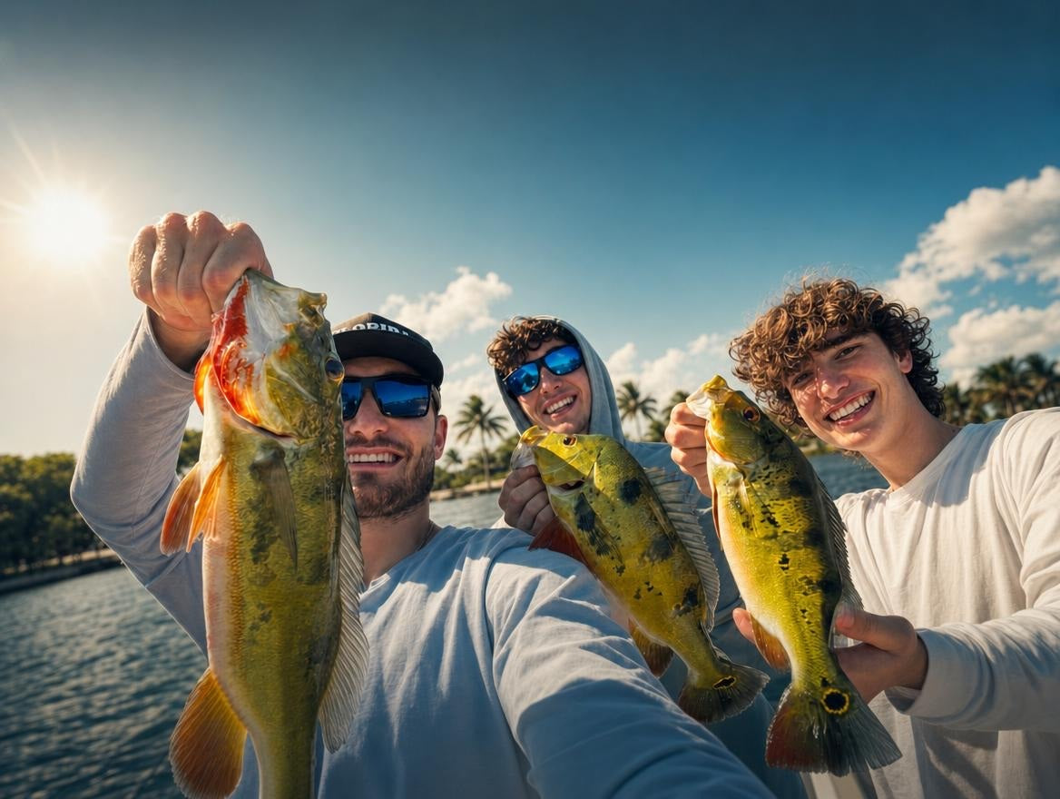 The three Raised On It brothers on the water in South Florida, holding up the day's catch